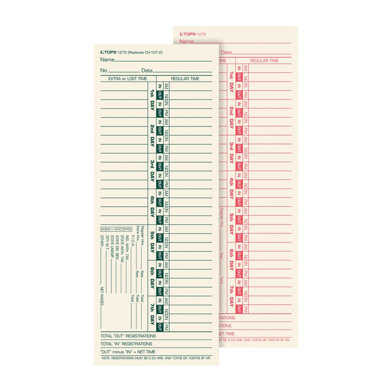 TOPS Time Cards, Bi-Weekly, 2-Sided, Numbered Days, 3-1/2" x 9", Manila, Green/Red Print, 500-Count (1275) - Image 1